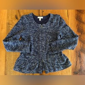 J. Crew Navy Blue and White Zip Front Peplum Sweater, Fun to Layer, Size XS